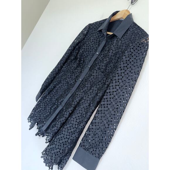 LELA ROSE black cotton lace longline peplum button front asymmetrical blouse top - Picture 6 of 14